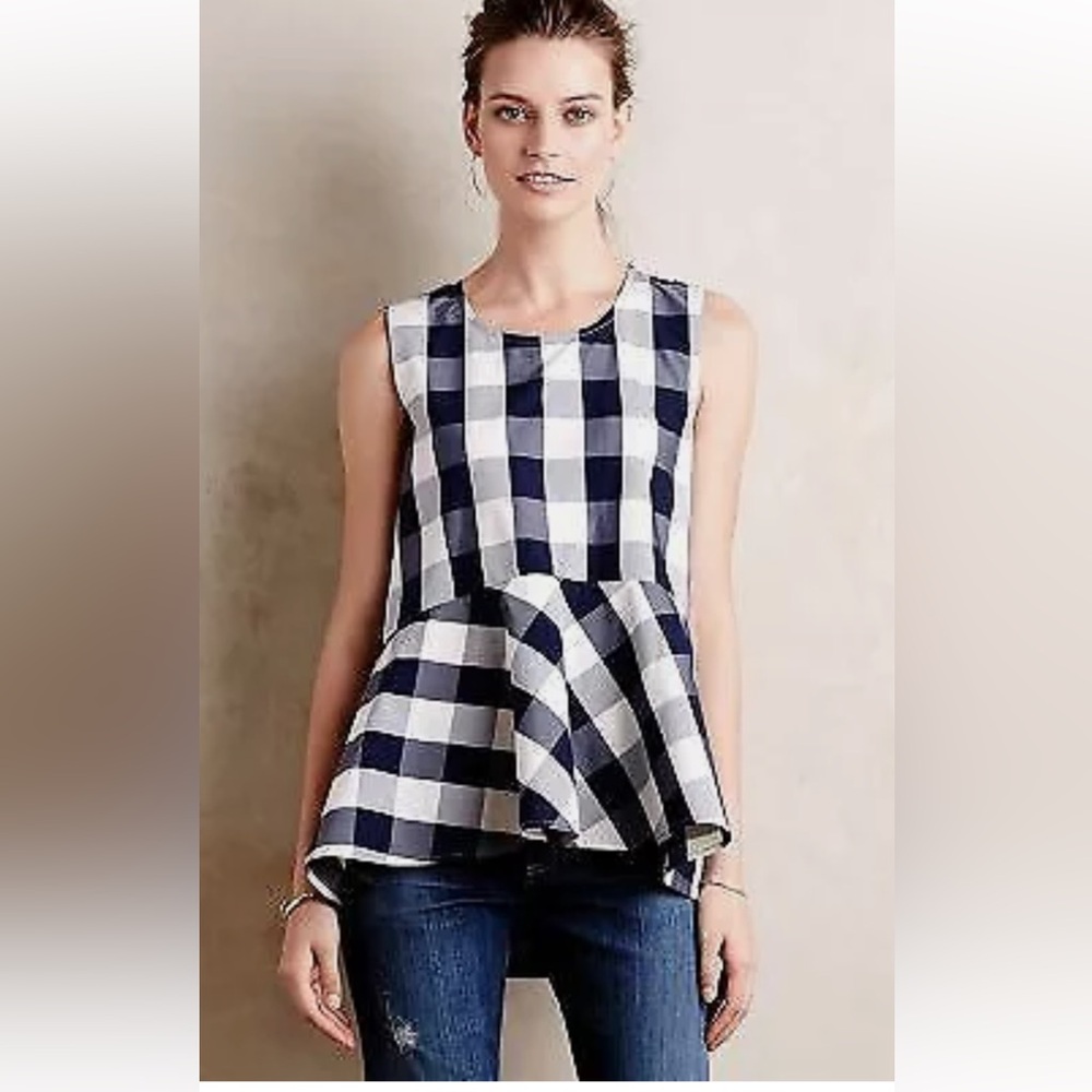 Hd In Paris Anthropologie Blue White Plaid Poplin Peplum Top size 8, EU 40